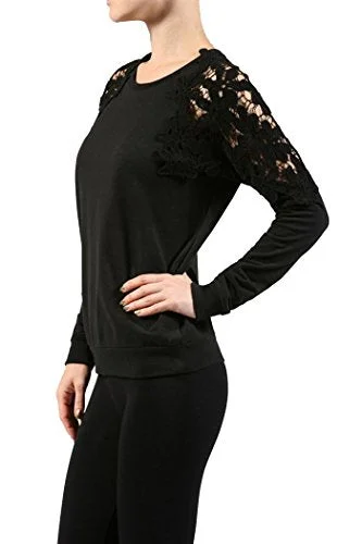 Fashion Secrets Women Crew French Terry Top W Crochet TrimCrewnecktraditions