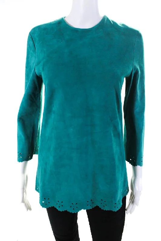 In Transit Womens 3/4 Sleeve Suede Crew Neck Top Blouse TurquoiseCrewneckwoven