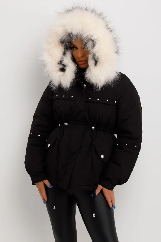 Varsity JacketsBlack Coat With Faux Fur Hood And Drawstring Waist