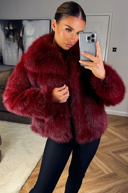 Sheer JacketsBurgundy Faux Fur Short Plush Jacket