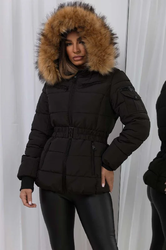 BlazersFaux Fur Hood Puffer Jacket With Belt