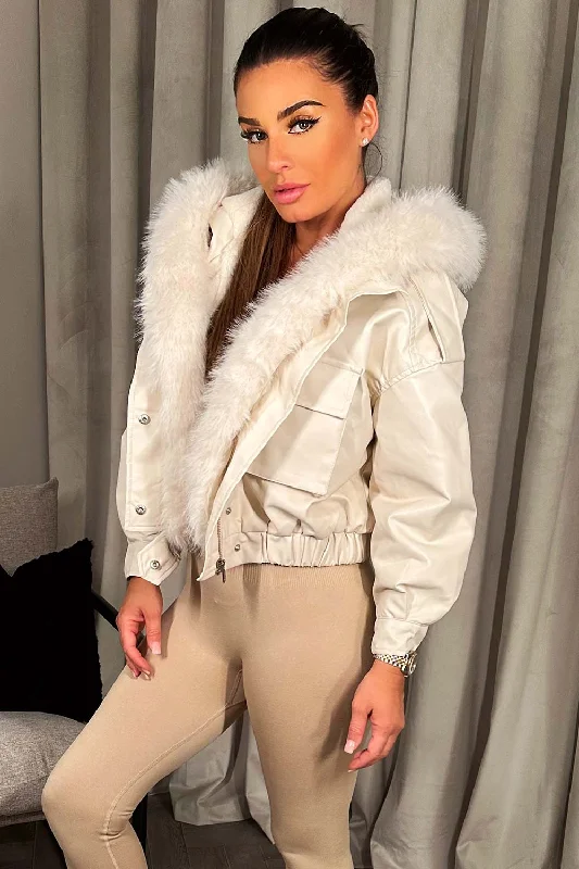 Performance JacketsFaux Leather Bomber Jacket With Faux Fur Hood Beige