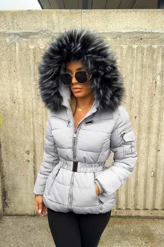 Parka JacketsGrey Faux Fur Hooded Jacket With Belt