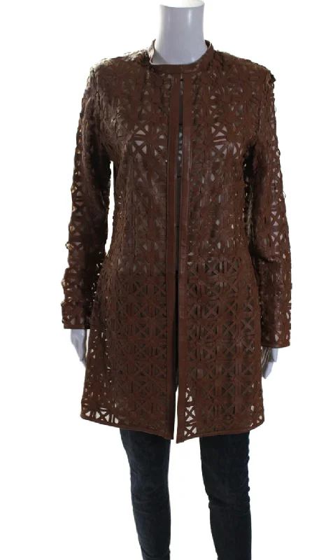 In Transit 2 Womens Brown Leather Mesh Crew Neck Long Sleeve JacketCrewnecksoft