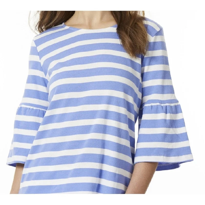 Jones New York Women's Stripe Cotton Crew Neck Elbow Bell Sleeve Top Blue Size X-LargeCrewneckbrand