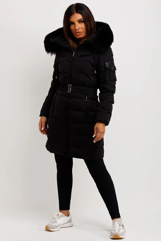 Formal JacketsLong Puffer Coat With Fur Hood And Belt Black