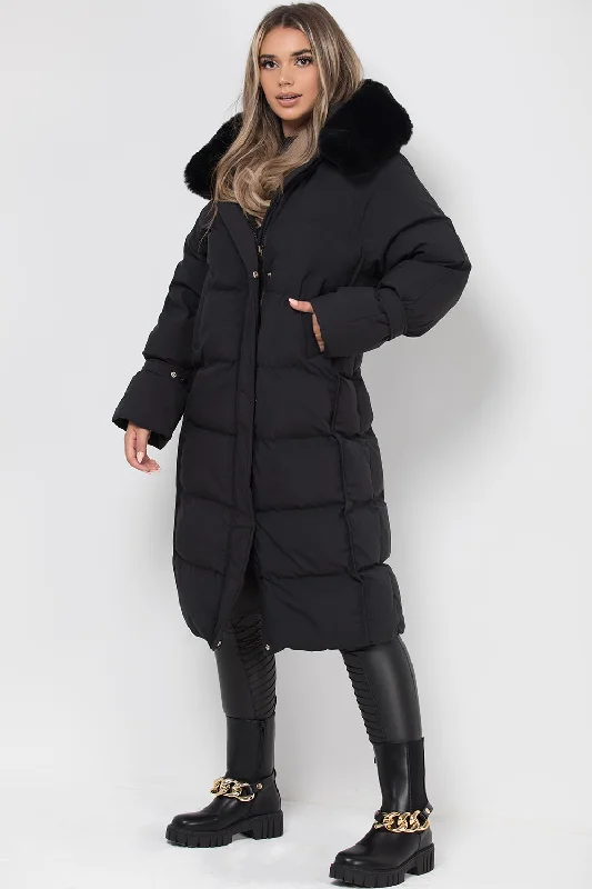 Fishing JacketsLong Puffer Down Coat With Faux Fur Hood Black