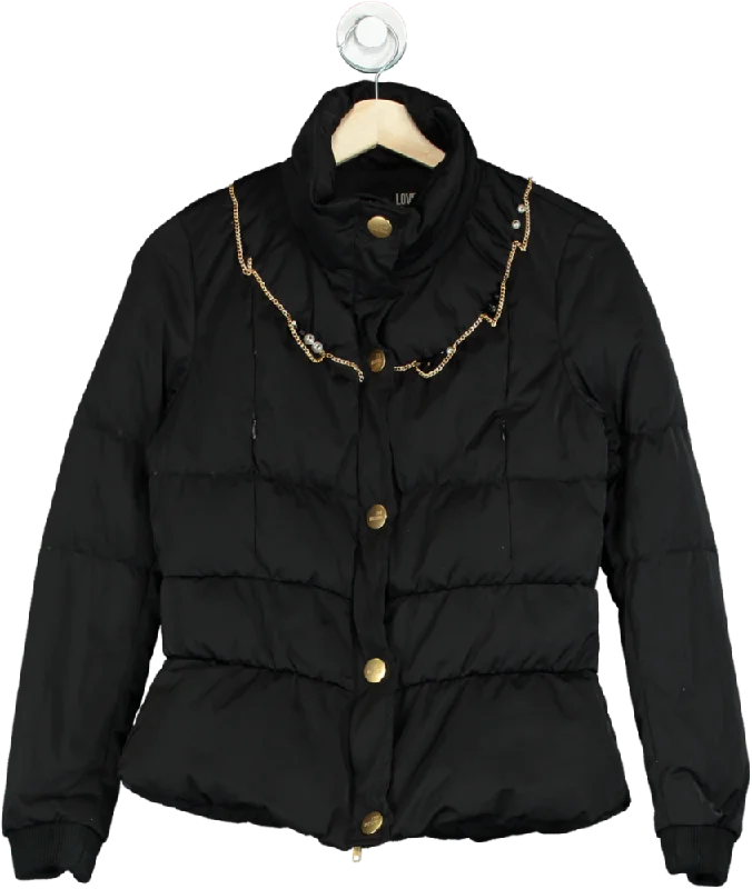 Luxury JacketsLove Moschino Black Quilted Jacket with Pearl & Chain Detail UK 12