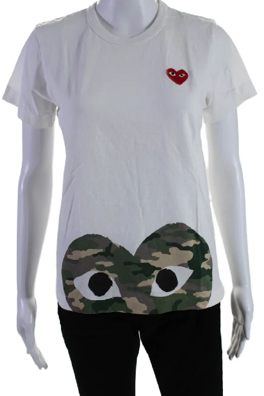 Play Comme Des Garcons Womens White Camouflaged Graphic Crew Neck Tee TopCrewneckscene