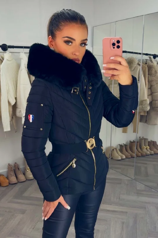 Performance JacketsPuffer Jacket With Fur Hood And Belt Black