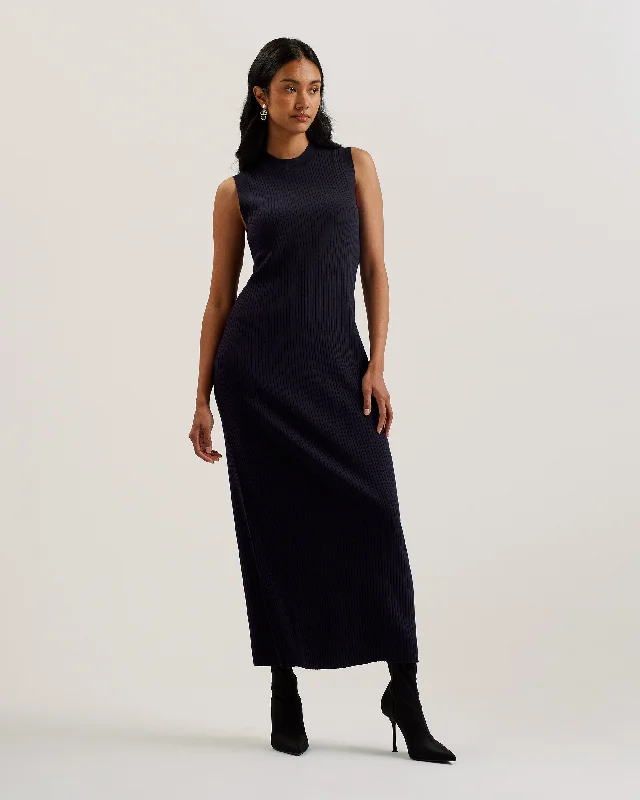 Sandiii Ribbed Crew Neck Knitted Column Maxi Dress NavyCrewneckscene