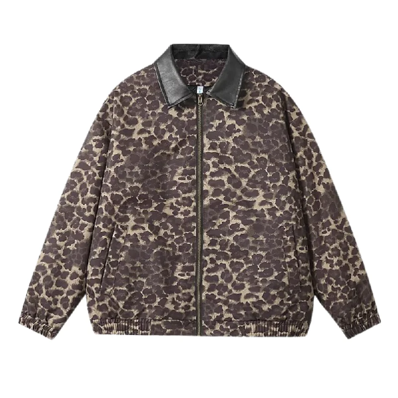 Windproof JacketsStylish Leopard Print Leather Lapel Jacket