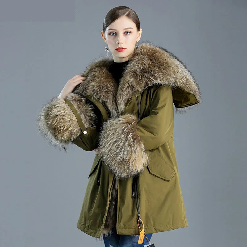 Pea CoatsWomen's Leisure Style Natural Fox Fur Down Solid Pattern Winter Jackets