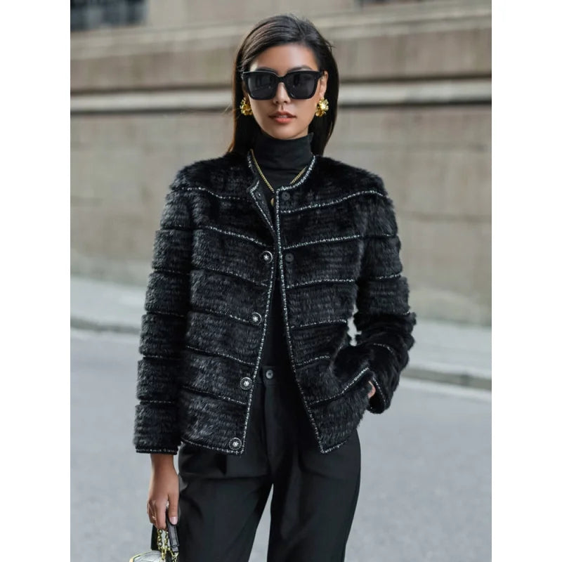 Sequined JacketsWomen's Luxury Winter Warm Genuine Leather Mink Fur Knitted Jacket