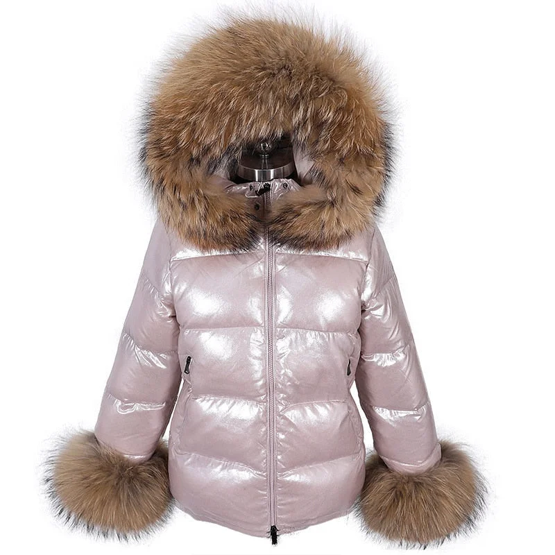 Recycled Fabric JacketsWomen's Winter Natural Raccoon Fox Fur Feather Collar Puffer Jacket