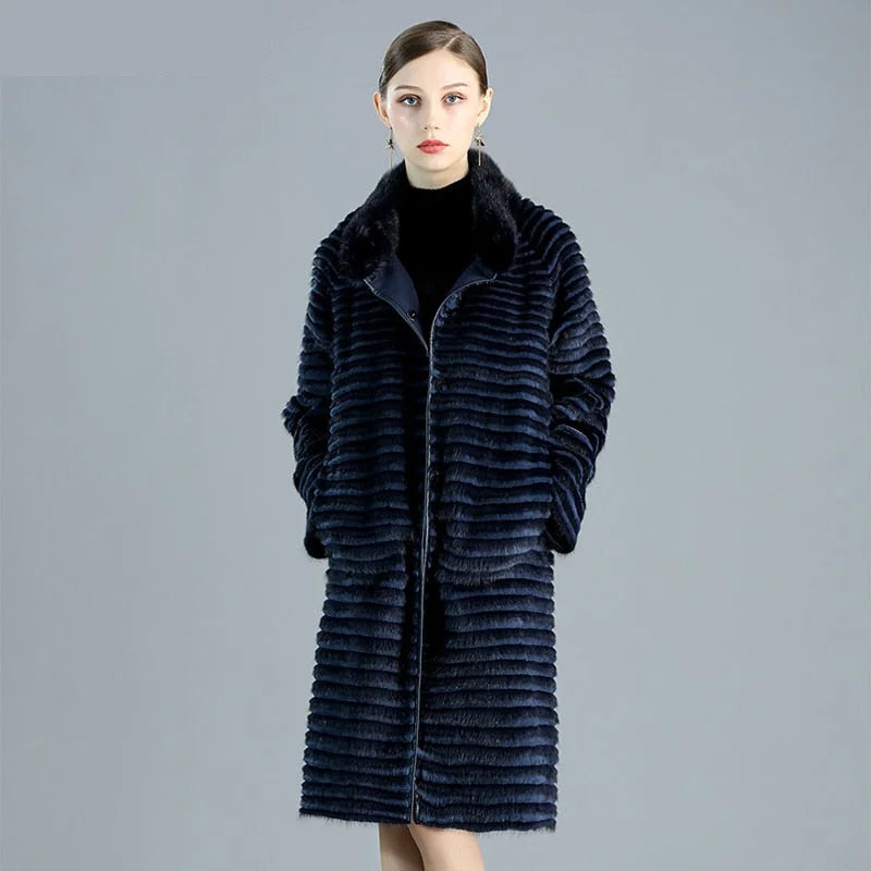 Cashmere JacketsWomen's Winter Warm Double Side Wear Striped Natural Mink Fur Long Jackets