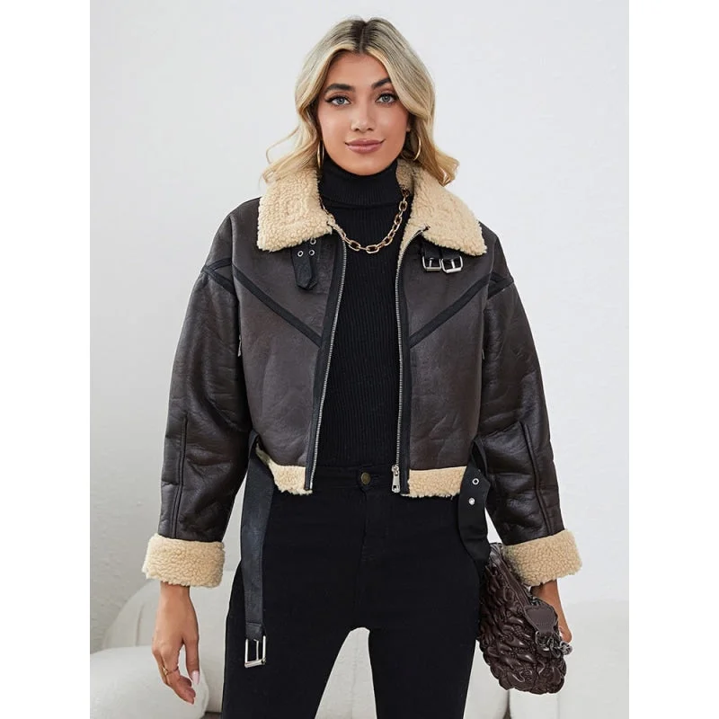 Metallic JacketsWomen's Winter Warm Synthetic Leather Moto Biker Zipper Short Jacket with Belt