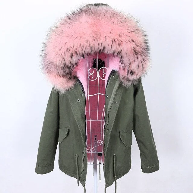 Studded JacketsWomen's XL Winter Fashion Long Sleeved Jacket with Natural Raccoon Fur Collar on Clearance