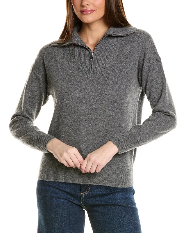 Amicale Cashmere Rib Detail 1/4-Zip Cashmere PulloverFringed Knit Tops