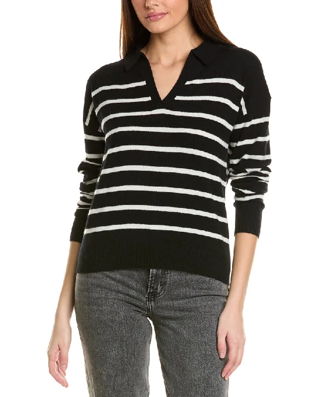 Amicale Cashmere Striped V-Neck Johnny Collar Cashmere SweaterSheer Knit Tops