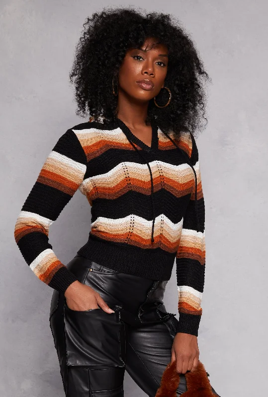 Chevron Drawstring Hooded SweaterLayered Knit Tops