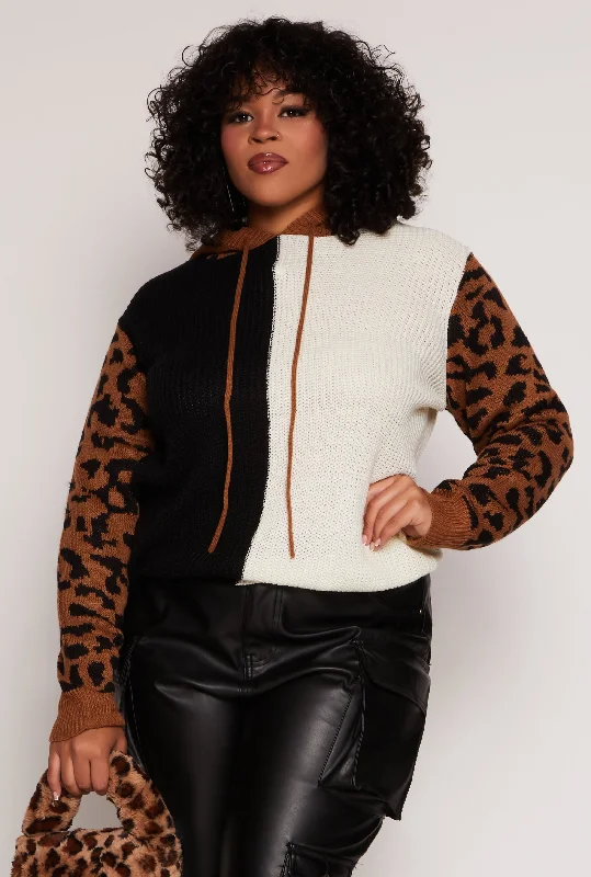 Plus Size Animal Print Sleeve Color Blocked HoodieWool Knit Tops