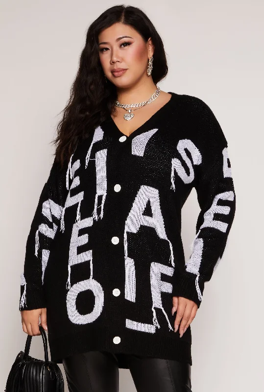 Plus Size Alphabet Fringe Detail CardiganEmbellished Knit Tops