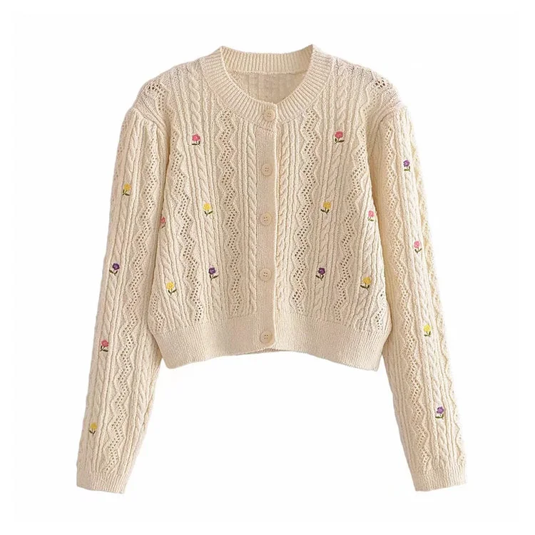 Flower embroidery round neck knitted sweater cardigan coat  7303Cashmere Knit Tops