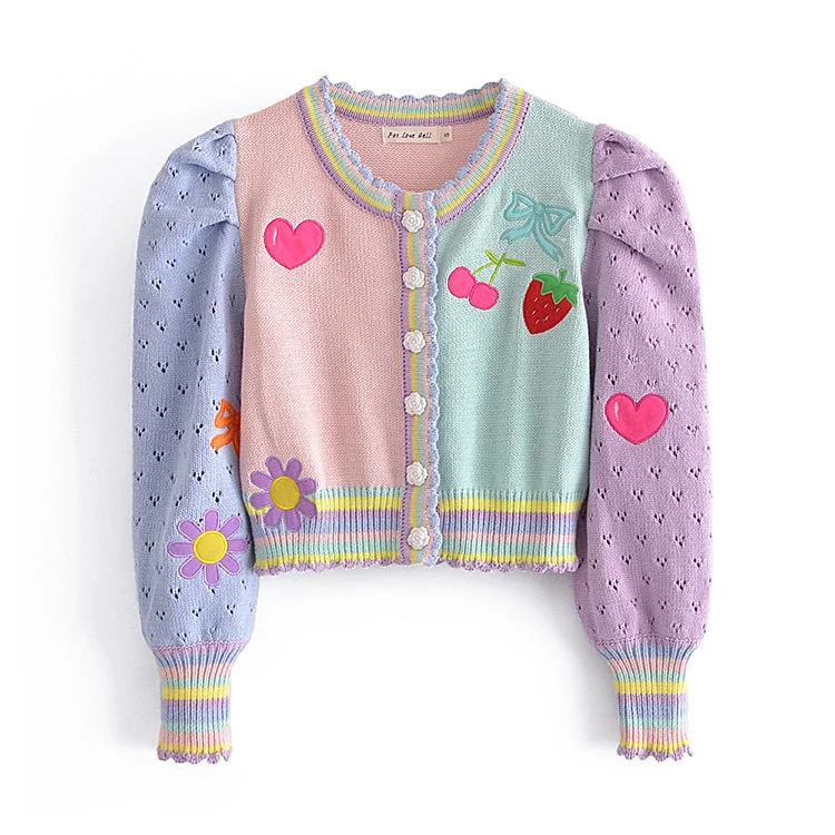 Fruit love embroidered knitted cardigan sweater coat  7310Band Merch Knit Tops