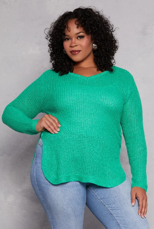 Plus Size Waffle Knit Caged Side SweaterThermal Knit Tops