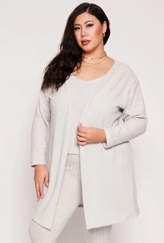 Plus Size Brushed Ribbed Knit Long CardiganLimited Edition Knit Tops