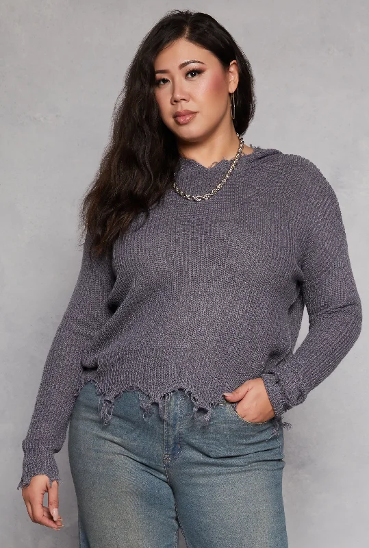 Plus Size Distressed Pullover Hooded SweaterGlitter Knit Tops