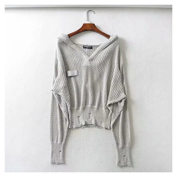 Hong Kong Style Vintage hollowed out Vintage Design Hooded Sweater  7279Running Knit Tops