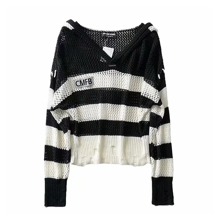 Hong Kong Style Vintage stripe hollowed out design Hooded Sweater  7280Plush Knit Tops