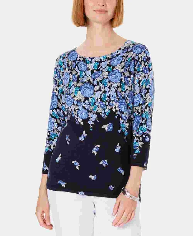 Karen Scott Women's Floral Print Sweater BlueEmbroidered Knit Tops