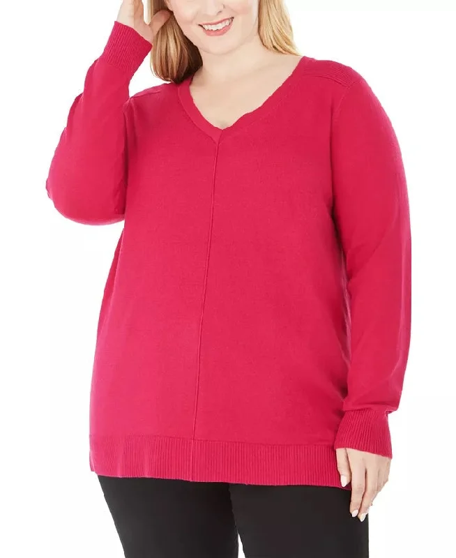 Karen Scott Women's Plus Size V-Neck Sweater Dark Pink Size 1XMetallic Knit Tops