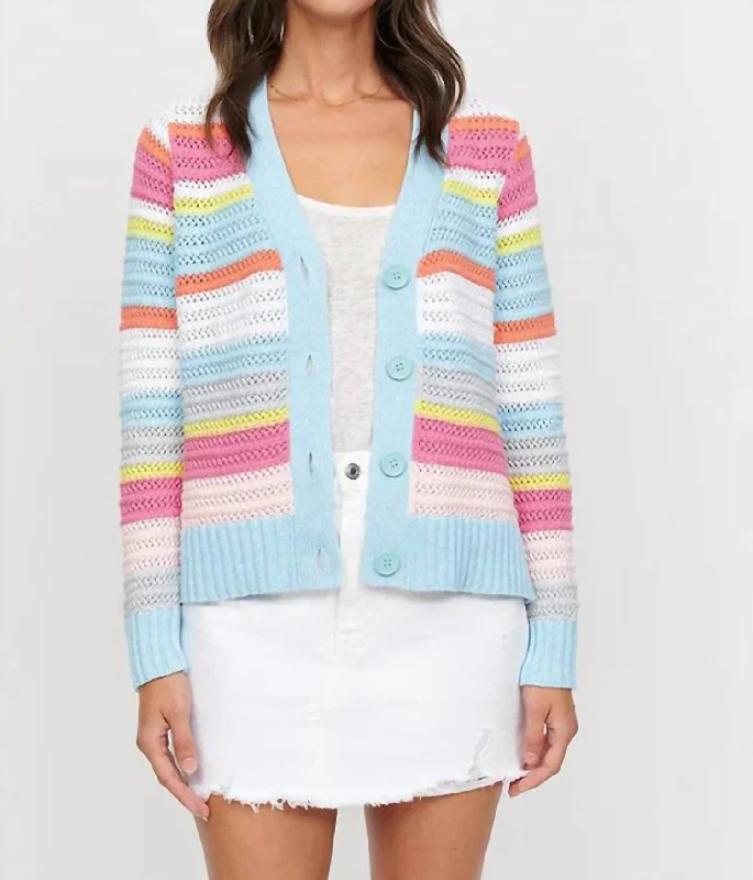 Lauren Textured Stripe Vee Cardigan In Seafoam MultiLayered Knit Tops