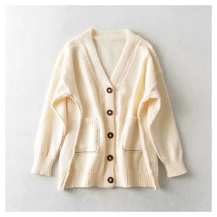 Lazy wind color blocking line V-neck knitted cardigan coat  7286Embroidered Knit Tops