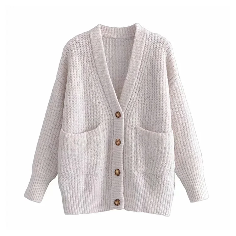 Loose medium length knitted cardigan coat  7288Beaded Knit Tops