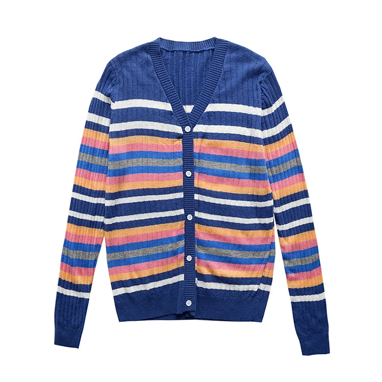 New color striped V-neck knitted cardigan  7291Graphic Knit Tops