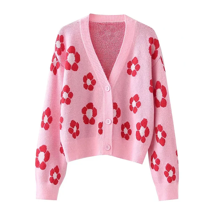 New Japanese lazy style V-neck flower jacquard knitted cardigan  7295Lace-Up Knit Tops