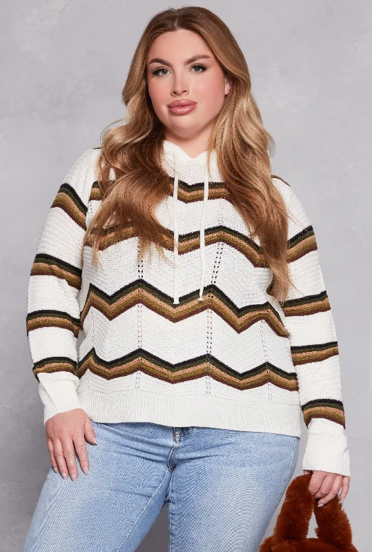 Plus Size Chevron Drawstring Hooded SweaterStriped Knit Tops