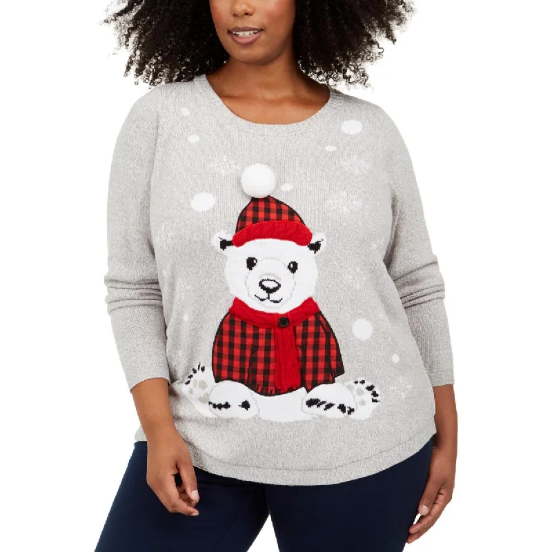 Plus Buffalo Bear Womens Plaid Festive Christmas SweaterLogo Knit Tops