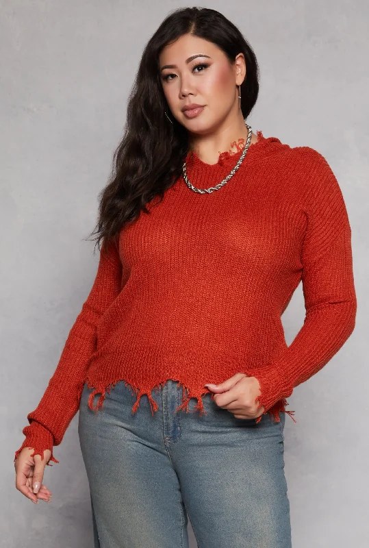 Plus Size Distressed Pullover Hooded SweaterDesigner Knit Tops