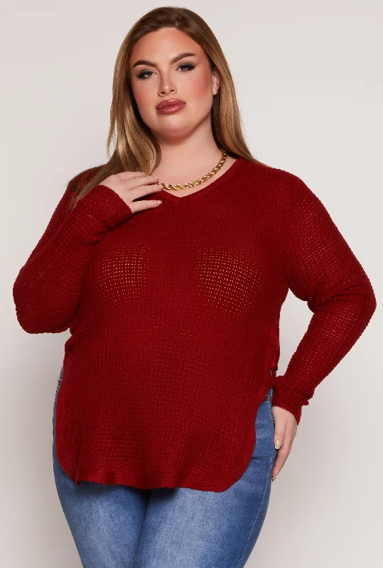 Plus Size Waffle Knit Caged Side SweaterOversized Knit Tops