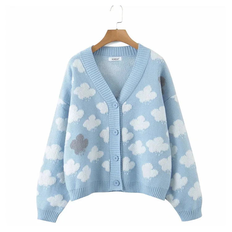 Sweet aging V-neck cloud jacquard knitted cardigan  7312Cotton Knit Tops