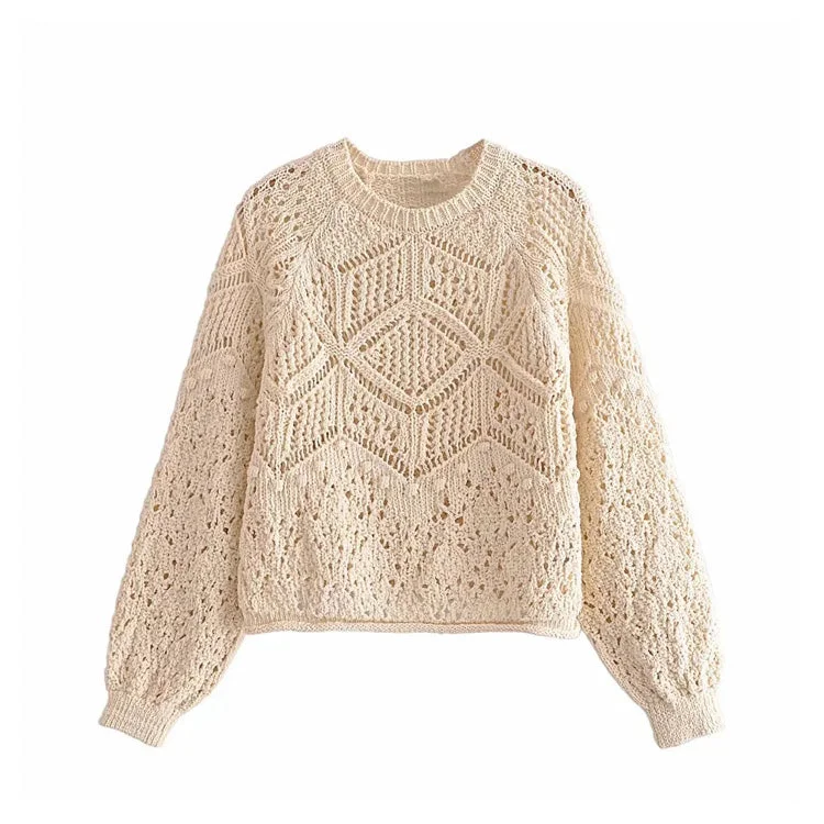 Sweet hollow sweater jacquard mesh sweater  7290Plush Knit Tops