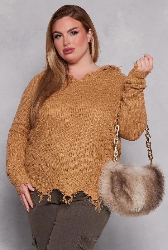 Plus Size Distressed Pullover Hooded SweaterHip-Hop Knit Tops