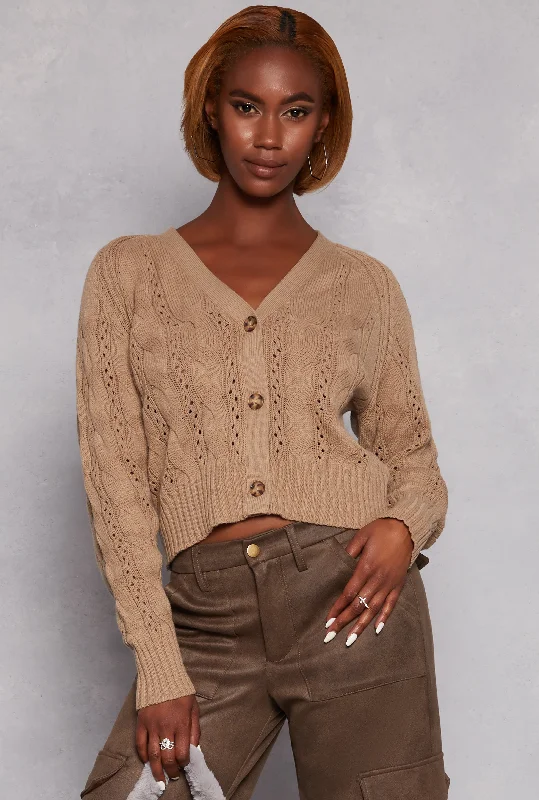 Pointelle Cable Knit Long Sleeve CardiganZippered Knit Tops