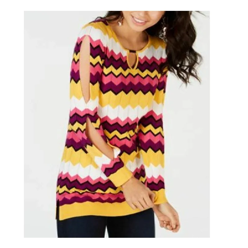 Thalia Sodi Women's Chevron Multi-Stripe Tunic Sweater MultiVelvet Knit Tops